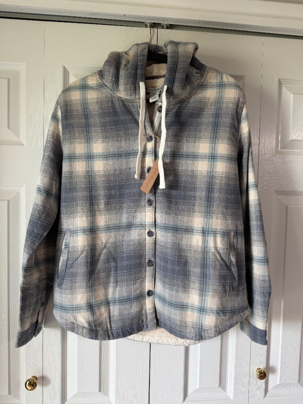 Sherpa Lined Plaid Hooded Jacket Shacket Cozy Fall Winter Medium